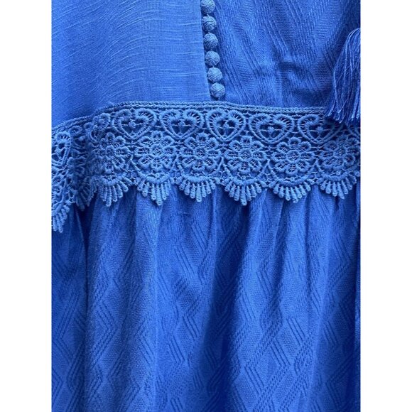 Farmers Market Women's Blouse Petite Medium 100% Rayon Lace V-Neck Boho Blue - Picture 11 of 13